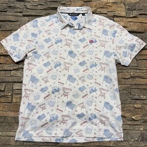 Travis Mathew Polo Golf Shirt Mens Medium White Red Blue USA Beer Grill Cookout